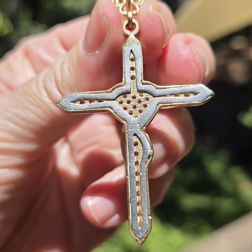 Citrine & Ruby Sterling & Gold Cross W/heart Pendant - Picture 8 of 9